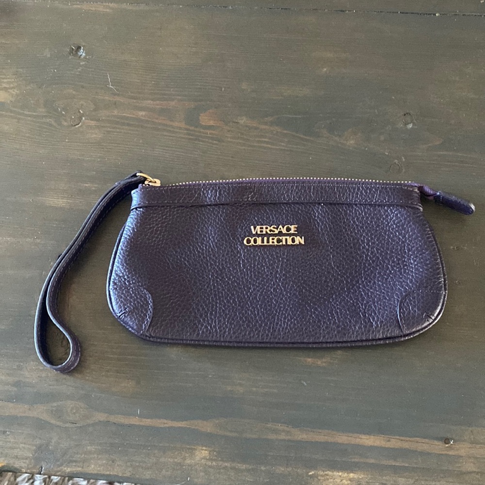 Versace collection purple pebble leather wristlet